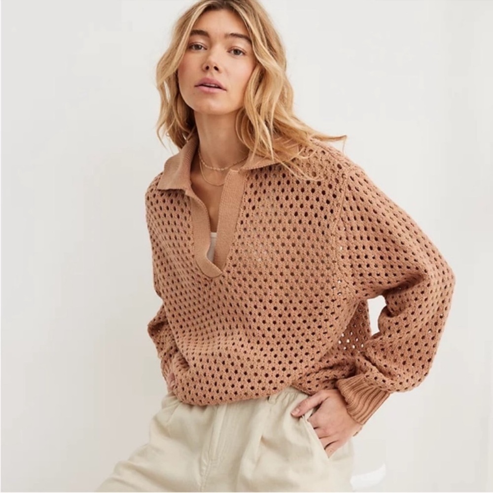 Aerie Oversized Open Knit‎ Polo Sweater In Tan- XS- 100% Cotton
